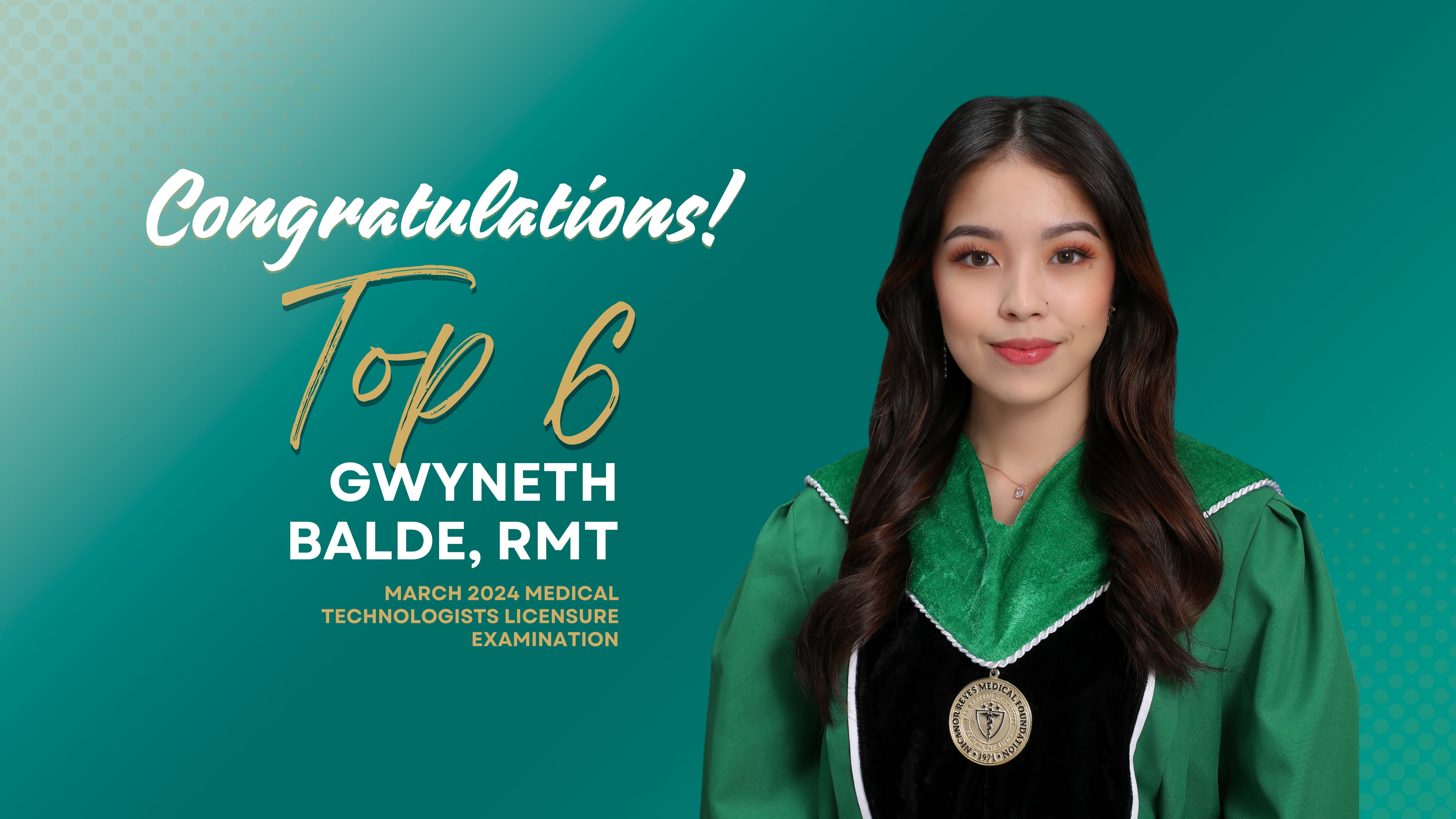 Gwyneth Balde, RMT, Top 6 March 2024 Medical Technologists Licensure Examination
